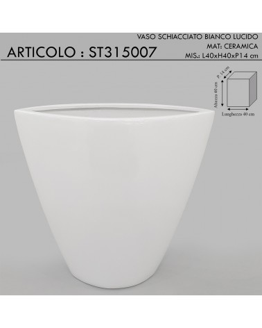 Moderne flache Blumenvase, glänzend weiße Keramikornamente ST315007