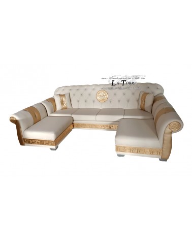 Divano 4 posti doppia penisola rete e materasso Chesterfield moderno Dea Medusa ecopelle qualsiasi colore swarovski AZ25
