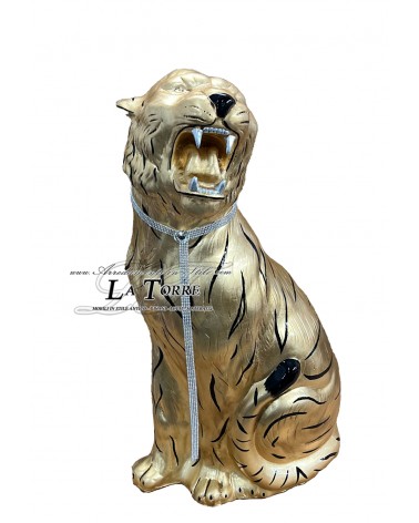 Keramische Tierstatue, Tiger, offenes Maul, Blattgold, schwarze Streifen, Swarovski-Kristalle, 90 cm, PR03