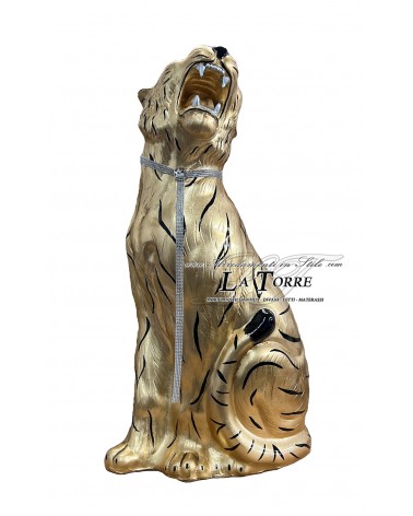 Keramische Tierstatue, Tiger, offenes Maul, Blattgold, schwarze Streifen, Swarovski-Kristalle, 90 cm, PR03