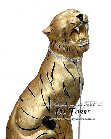 Keramische Tierstatue, Tiger, offenes Maul, Blattgold, schwarze Streifen, Swarovski-Kristalle, 90 cm, PR03