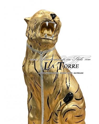 Keramische Tierstatue, Tiger, offenes Maul, Blattgold, schwarze Streifen, Swarovski-Kristalle, 90 cm, PR03