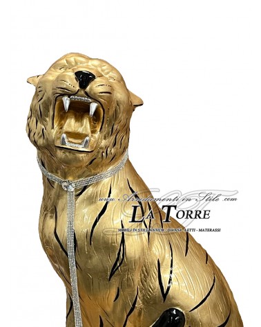 Keramische Tierstatue, Tiger, offenes Maul, Blattgold, schwarze Streifen, Swarovski-Kristalle, 90 cm, PR03