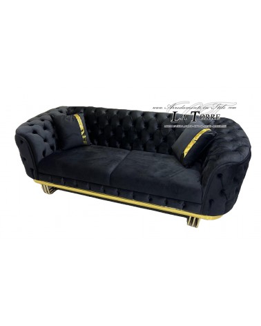 Klassisch-modernes 3- oder 2-Sitzer-Capitonné-Sofa in schwarzem Samt mit goldenen Details TR02