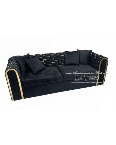 Klassisch-modernes 3- oder 2-Sitzer-Capitonné-Sofa in schwarzem Samt mit goldenen Details TR03
