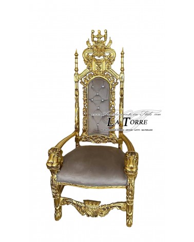King throne with lions in baroque style high royal armchair gold leaf dove gray velvet AL10