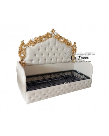 Divano Letto singolo cassettone cameretta barocco in legno foglia oro ecopelle o vellutino avorio qualsiasi colore Pilissena