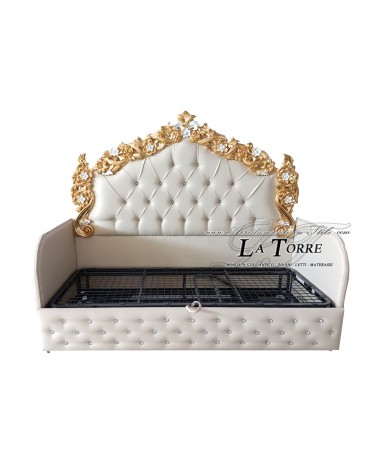 Divano Letto singolo cassettone cameretta barocco in legno foglia oro ecopelle o vellutino avorio qualsiasi colore Pilissena