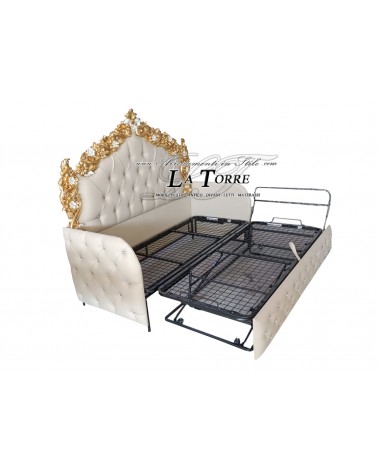 Divano Letto singolo cassettone cameretta barocco in legno foglia oro ecopelle o vellutino avorio qualsiasi colore Pilissena