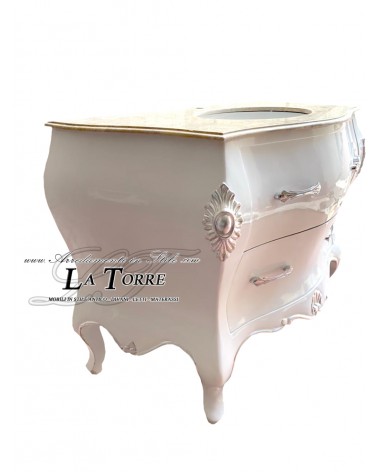 Louis-XV-Badezimmerschrank, weiß, silber, elfenbeinfarbener Marmor, geschwungen, barock, modern, Mi02
