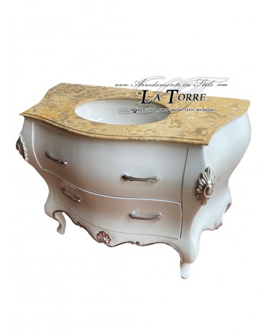 Louis-XV-Badezimmerschrank, weiß, silber, elfenbeinfarbener Marmor, geschwungen, barock, modern, Mi02