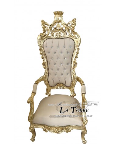 Sedia Poltrona Trono Barocco foglia oro ecopelle avorio Swarovski MA1317