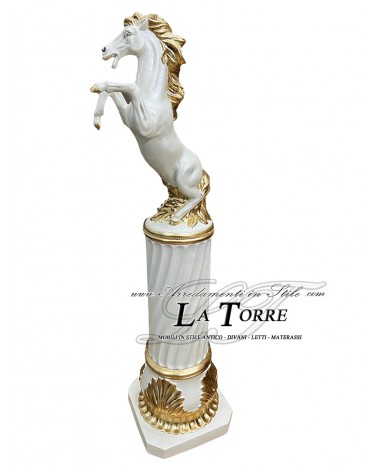 Ceramic sculpture statue of a prancing horse on an ivory and gold column H115 PR61