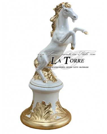 Ceramic sculpture statue prancing horse on column white and gold H75 PR60