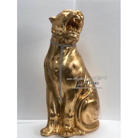 Animali in ceramica statua scultura Tigre bocca aperta foglia oro swarovski H90cm PR10