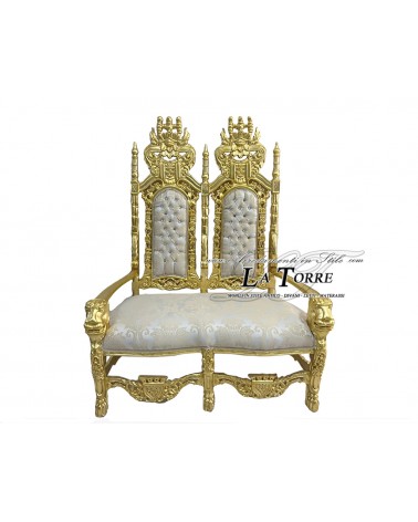 Trono da re due posti con leoni in stile barocco poltrona alta reale foglia oro tessuto gigliato avorio LT3047