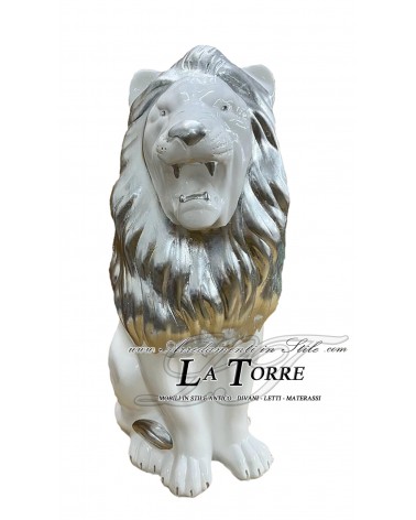 Keramik-Tierstatue, Löwe mit offenem Maul, weiß, silberblattverziert, Swarovski-Kristalle, H 70 cm, PR13
