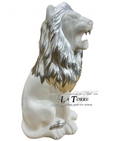 Keramik-Tierstatue, Löwe mit offenem Maul, weiß, silberblattverziert, Swarovski-Kristalle, H 70 cm, PR13