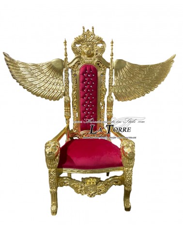 Trono da re con leoni alati in stile barocco poltrona reale foglia oro velluto rosso LT3056