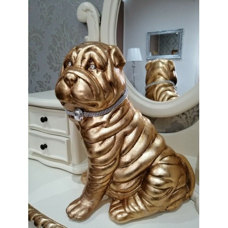 Keramik-Tierfigur, Hundestatue, Wohnaccessoire, Swarovski-Hund, Shar-Pei, Goldkeramik, H 40 cm, PR28
