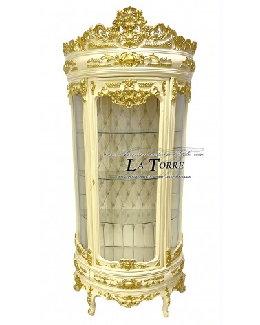 Louis-XV-Vitrinenschrank mit gebogenem Glas, moderner Barockstil, elfenbeinfarbene und goldene Swarovski-Kristalle LT3049