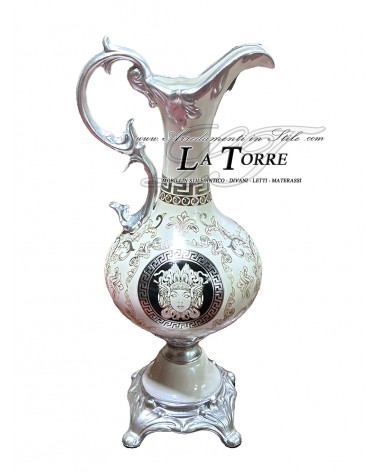 Amphorenkrug-Vase als Tischdekoration, Göttin Medusa, Keramik, weiß, silberfarben, Ornament MED05
