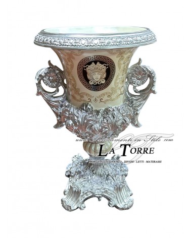 Amphore, Keramikbecher, Göttin Medusa, Mittelstück, elfenbeinfarbene Vase, Krater, weiß-silbernes Ornament MED04