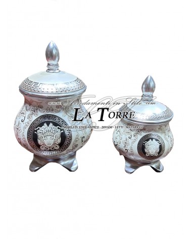 Coppia di scrigni barattolo porta cioccolatini ceramica Dea Medusa centrotavola bianco argento MED06