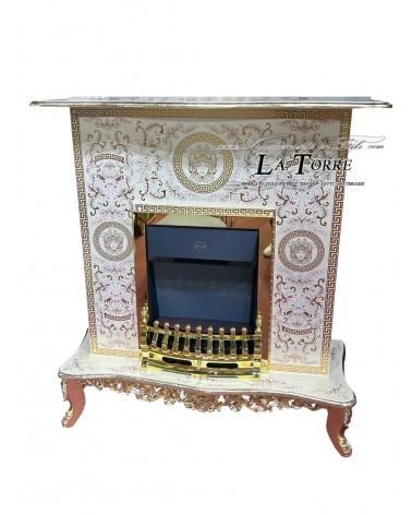 Klassischer elektrischer Kamin im Barockstil mit Medusa-Motiv, elfenbeinfarbenes und goldfarbenes Holz MED15
