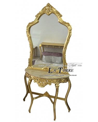 Barocker Louis-XV-Konsolentisch mit Spiegel aus Holz, vergoldetem Eingang, Elfenbeinmarmor LT3051