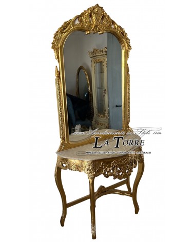 Barocker Louis-XV-Konsolentisch mit Spiegel aus Holz, vergoldetem Eingang, Elfenbeinmarmor LT3052