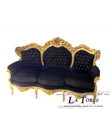 Divano barocco 3 posti poltrona Germany salotto foglia oro legno massello velluto nero MA0508