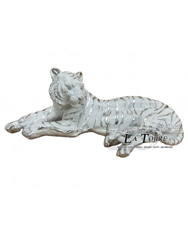 Keramik-Tierstatue, liegender malaysischer Tiger, weiß, silber, Swarovski PR04