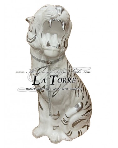 Keramik-Tierstatue, Tiger mit offenem Maul, weiß-silbernes Swarovski-Verzierung, 90 cm, PR03