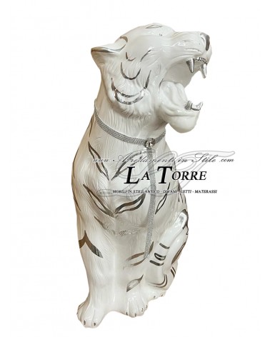 Keramik-Tierstatue, Tiger mit offenem Maul, weiß-silbernes Swarovski-Verzierung, 90 cm, PR03