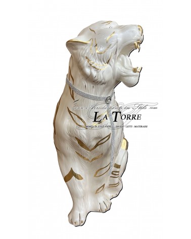 Keramik-Tierstatue, Tiger mit offenem Maul, Weißgold, Swarovski-Kristalle, 90 cm, PR03