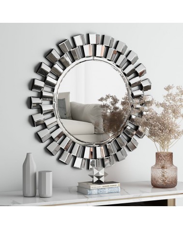 Round Silver Wall Mirror – Luxury Modern Ray Frame Ø90cm A55G