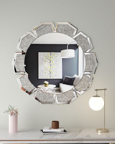 Runder Spiegel (80 cm) mit Swarovski-Kristallen – Luxuriöser geometrischer Rahmen A55A