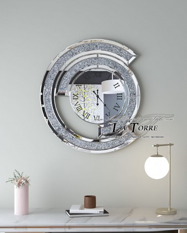 Moderne runde Wanduhr mit Kristallen – Elegantes, verspiegeltes geometrisches Design Ø70 cm B65F silber