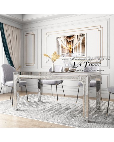 Tavolo da pranzo rettangolare moderno 180 cm con specchio e diamanti schiacciati G26B