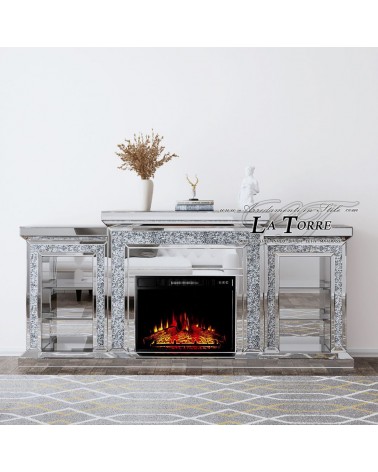 Electric Fireplace Mirrored TV Stand with Swarovski Crystals – Modern Design and Real Heating P39D