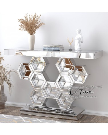 Modern Mirrored Console Table with Honeycomb Geometric Base for Entryway E58A