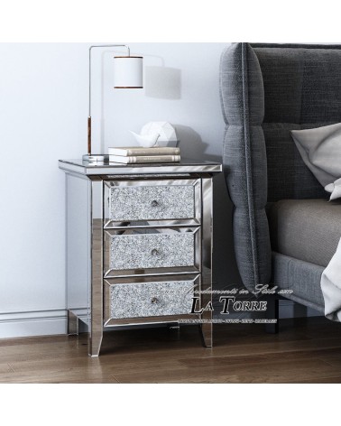Nachttisch mit Spiegel, 3 Schubladen und Swarovski-Kristallen – Modernes Design A1201
