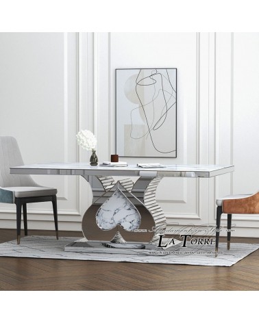 Modern rectangular dining table with heart base 180 cm with mirror and crushed diamond inlay 21877