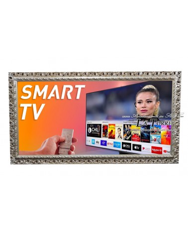 Cornice Televisore Smart TV traforata stile barocco legno foglia argento TV313A