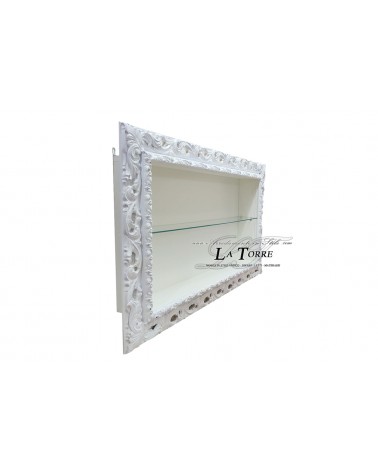 Suspended wall-mounted Baroque style showcase with perforated frame, custom-made bottle holder and TV box