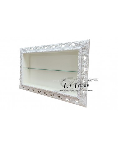 Suspended wall-mounted Baroque style showcase with perforated frame, custom-made bottle holder and TV box