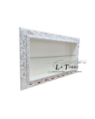 Suspended wall-mounted Baroque style showcase with perforated frame, custom-made bottle holder and TV box