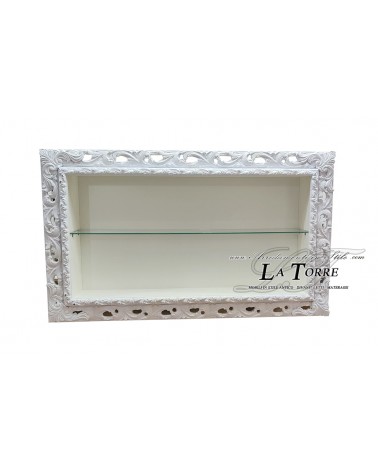 Suspended wall-mounted Baroque style showcase with perforated frame, custom-made bottle holder and TV box