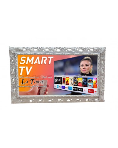 Barocker, perforierter Smart-TV-Rahmen zur Wandmontage, weißes Kiefernholz, TVGGB